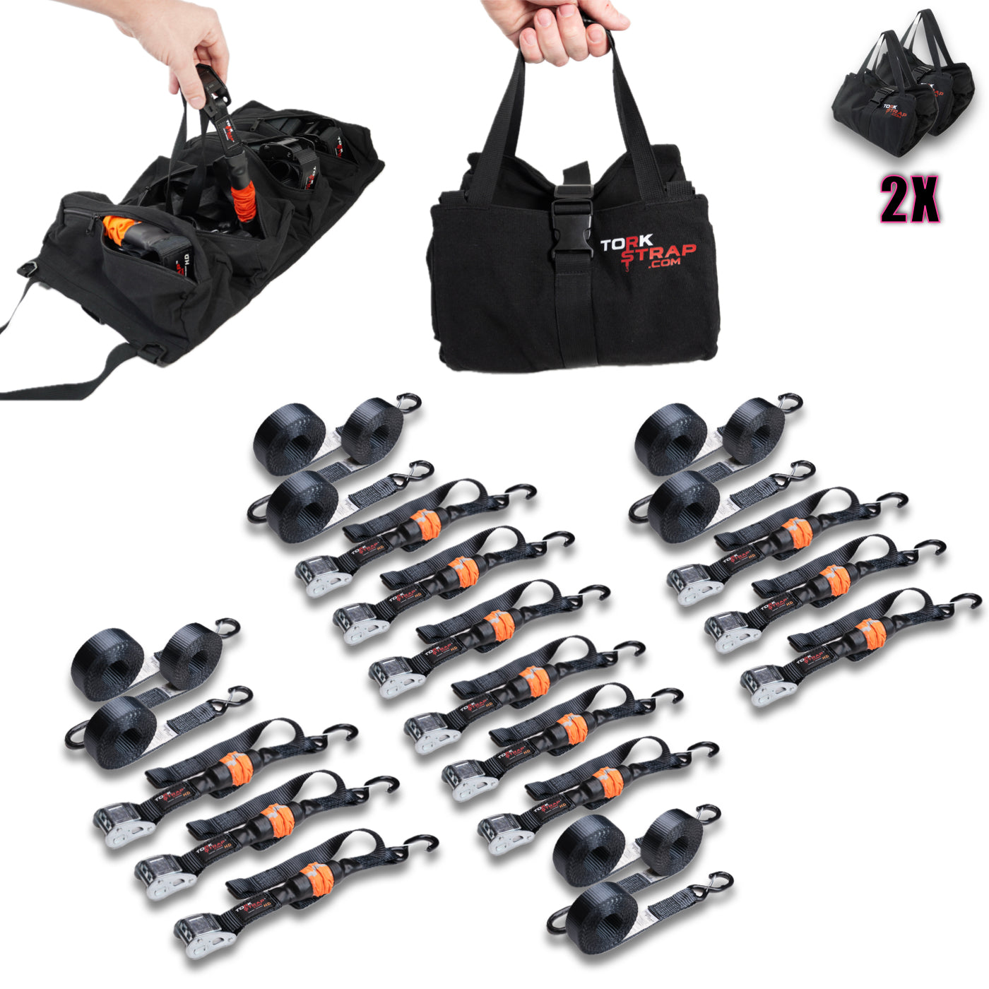 TorkStrap HD750 | 14'x1.5'' Spring Loaded Tie Down Straps - Adapts to Load Shifts - Heavy Duty 2250lbs Max Load - Just Pull Alternative to Ratchet Straps w/Hooks - Secure Motorcycles, Kayaks - Howling Moto