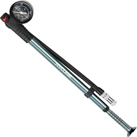 Hycline shock pump with 300 PSI high-pressure gauge for bicycle shock absorber inflation, featuring a compact design and durable construction.