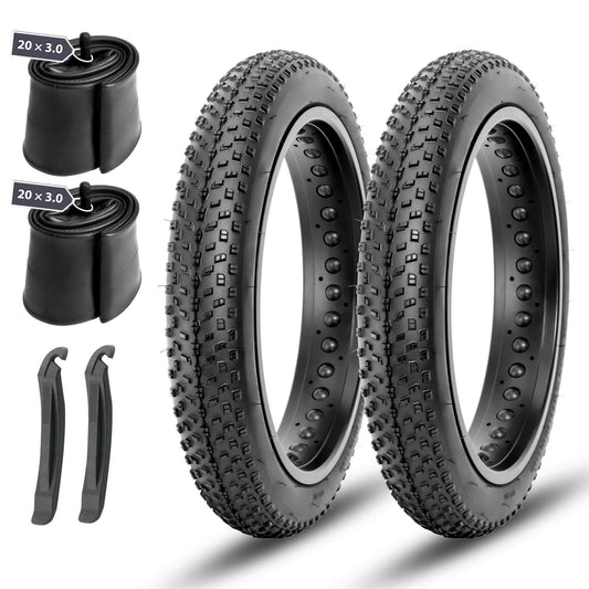 Hycline Raider fat bike tire 20-inch 3.0 mounted on a bicycle, showcasing rugged E-bike and fat tire design.