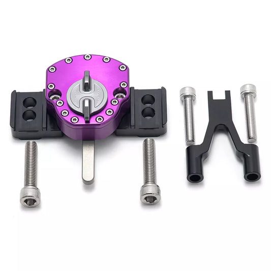 Purple hydraulic steering damper for Surron Ultra Bee electric bike, designed to improve handling and stability.