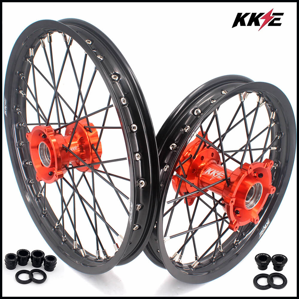 KKE 17 & 14 Small Kids Wheels Rims for KTM 85 SX 2021-2024 Orange Hub Black Spoke - Howling Moto