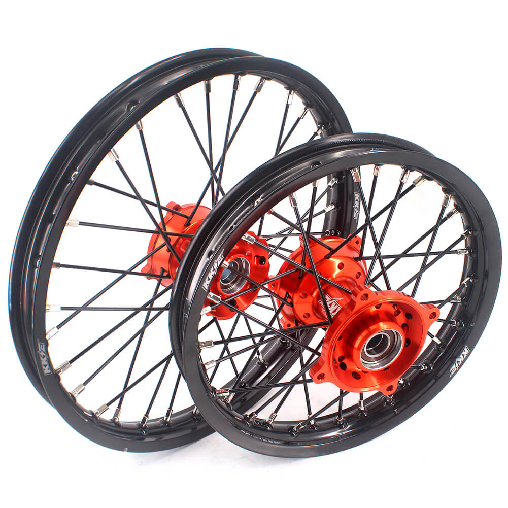 KKE 17 & 14 Small Kids Wheels Rims for KTM 85 SX 2021-2024 Orange Hub Black Spoke - Howling Moto