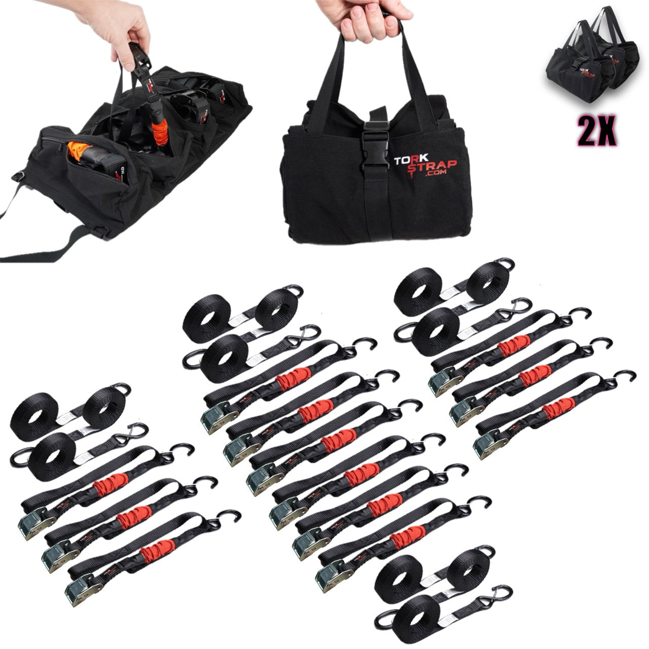TorkStrap M500 | 14'x1'' Spring Loaded Tie Down Straps - Adapts to Load Shifts - 1500lbs Max Load - Just Pull Alternative to Ratchet Straps with Hooks - For Securing Motorcycles, Kayaks, ATVs - Howling Moto