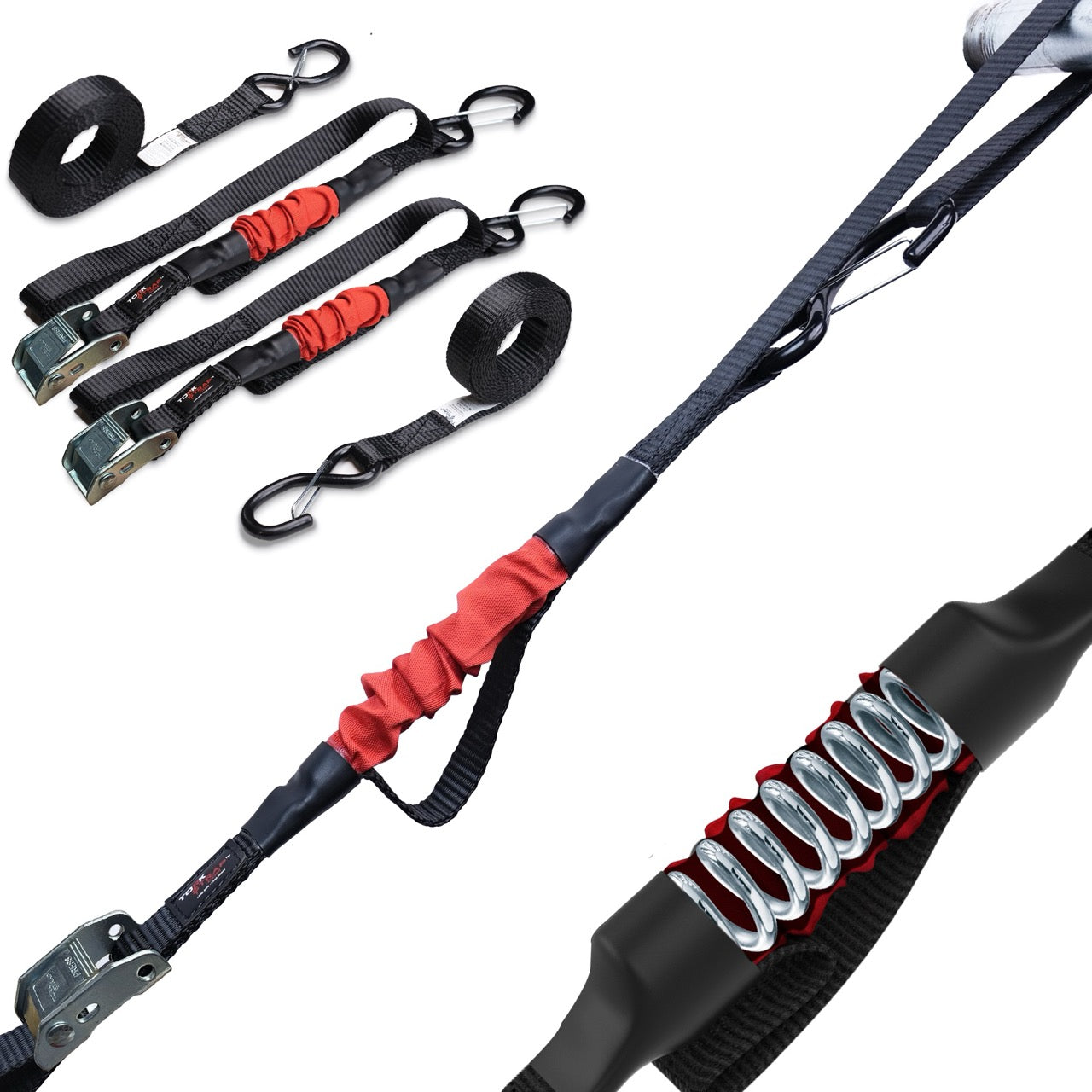 TorkStrap M500 | 14'x1'' Spring Loaded Tie Down Straps - Adapts to Load Shifts - 1500lbs Max Load - Just Pull Alternative to Ratchet Straps with Hooks - For Securing Motorcycles, Kayaks, ATVs - Howling Moto