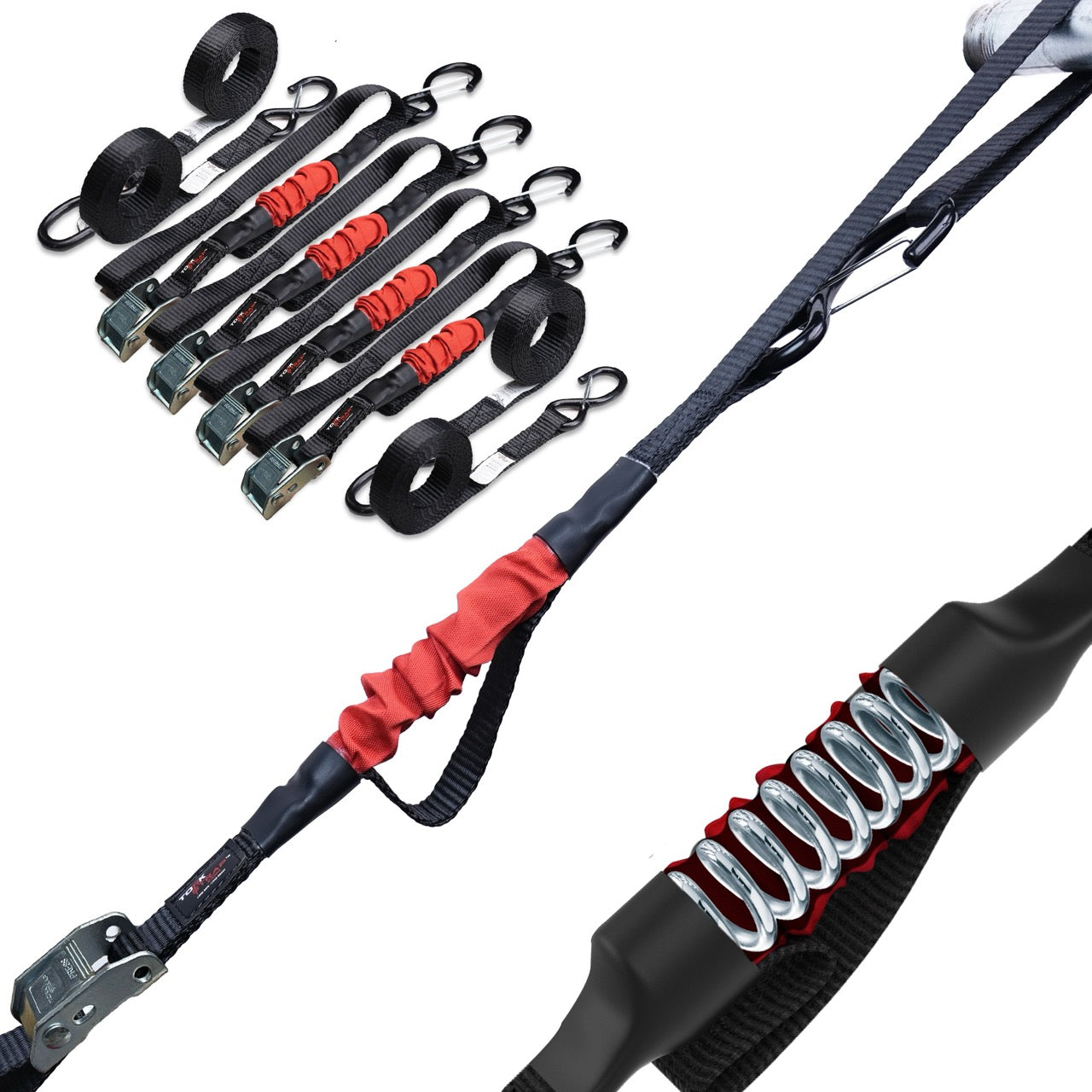 TorkStrap M500 | 14'x1'' Spring Loaded Tie Down Straps - Adapts to Load Shifts - 1500lbs Max Load - Just Pull Alternative to Ratchet Straps with Hooks - For Securing Motorcycles, Kayaks, ATVs - Howling Moto