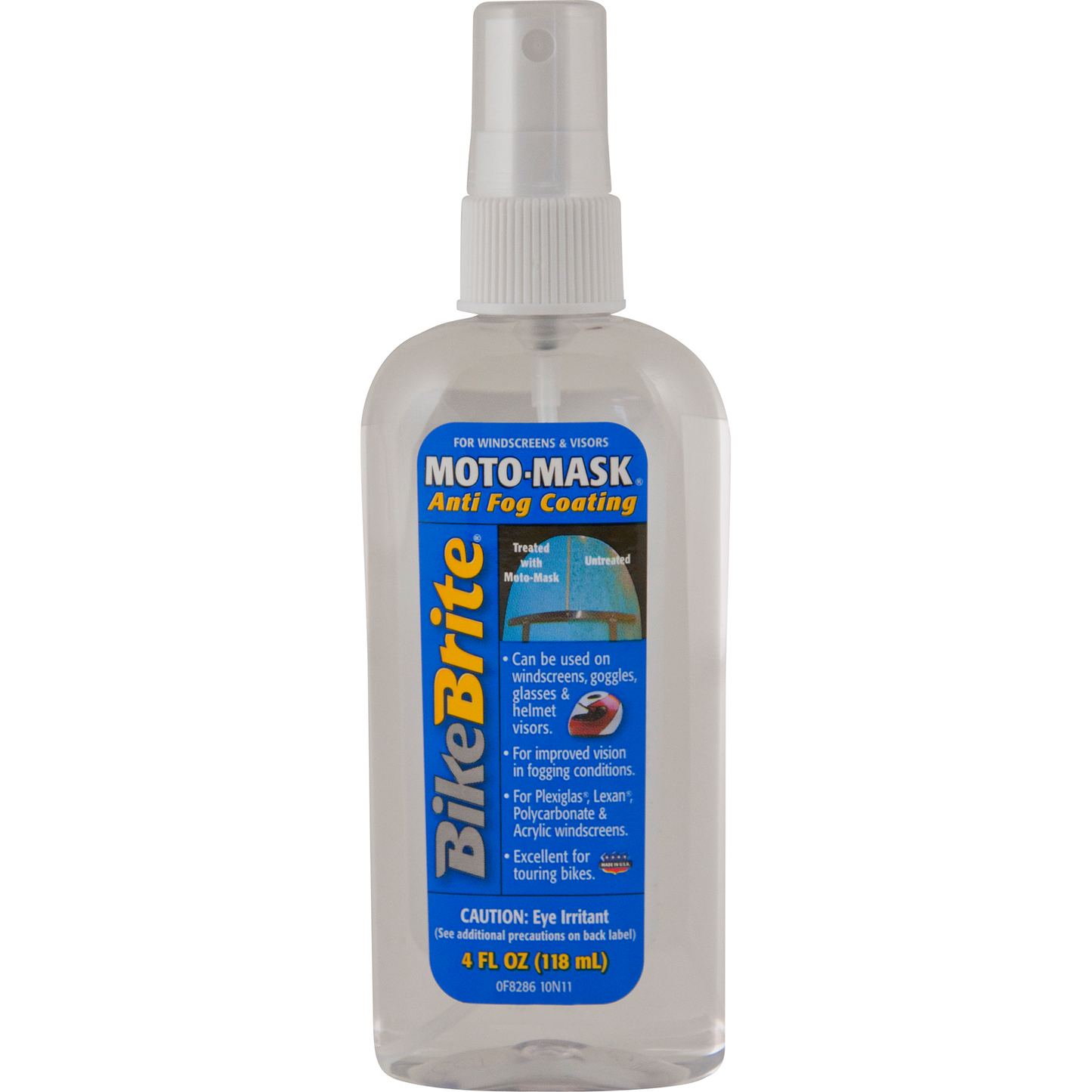 Anti-fog lens cleaner from Bike Brite Online, shown in a clear bottle with spray nozzle and label for bike eyewear cleaning.