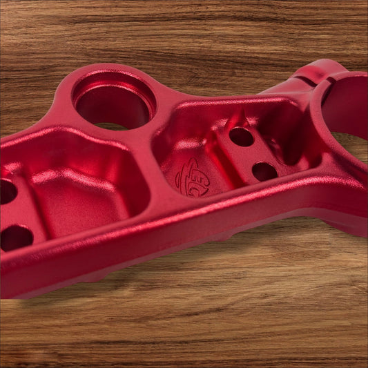 Electro & Co ETM RTR anodized triple clamps, custom color upper and lower replacement clamps for motorcycle handlebars.