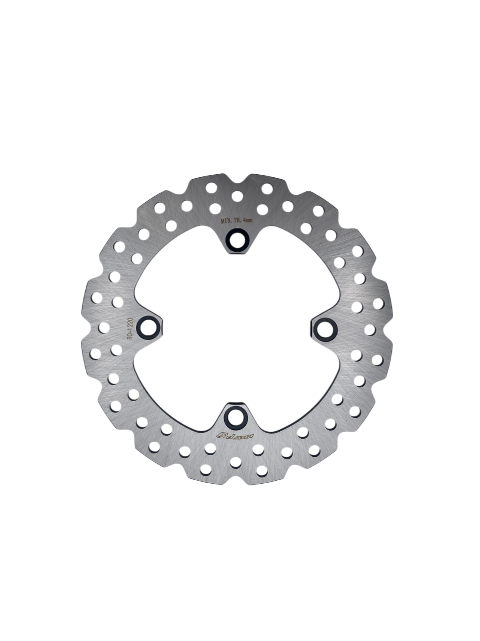 Warp9Racing CRF250/300L 220mm rear fixed brake rotor installed on motorcycle wheel with detailed metal surface.