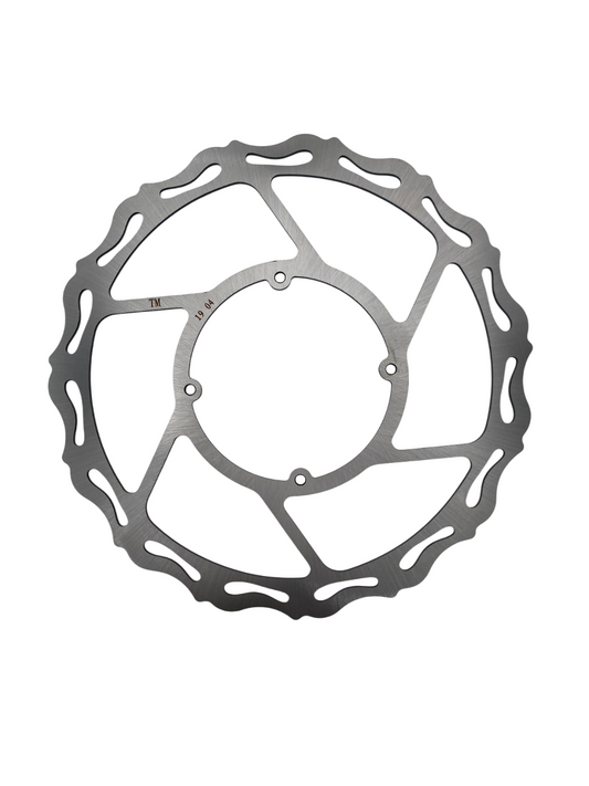 Warp9Racing RMZ 320mm front rotor showing vented steel disc with mounting holes for motocross or dirt bike brakes.