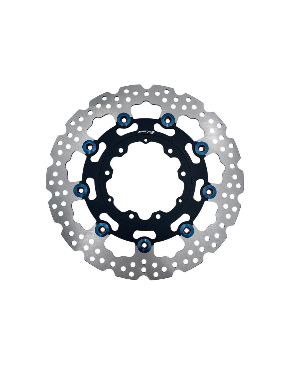 Honda 295mm front floating rotor by Warp9Racing, showing the detailed metal disc with venting and mounting holes.