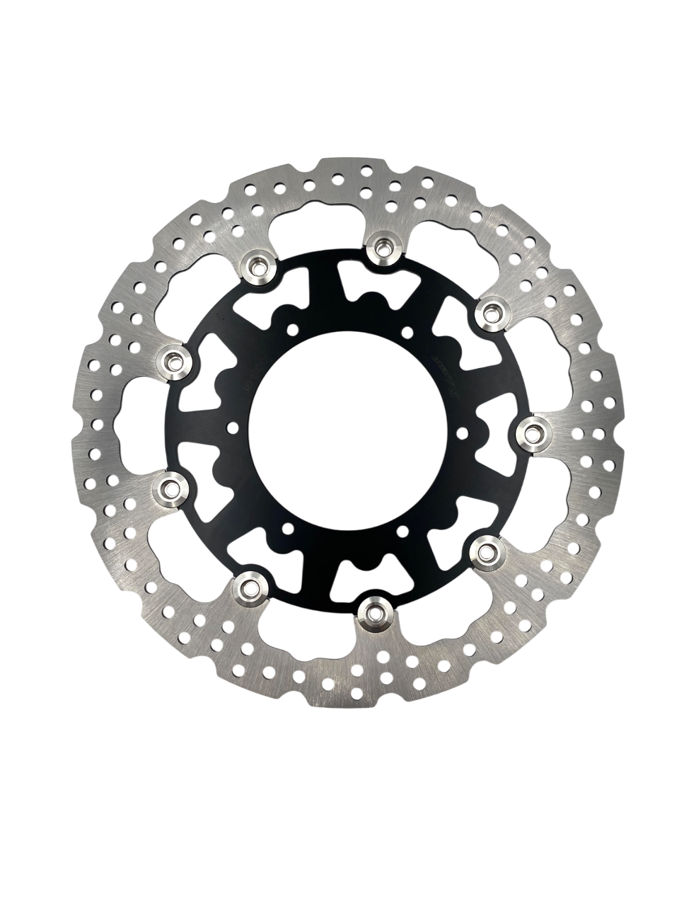 Warp9Racing WRR 320mm front floating brake rotor with ventilated design and mounting holes, shown in black finish.