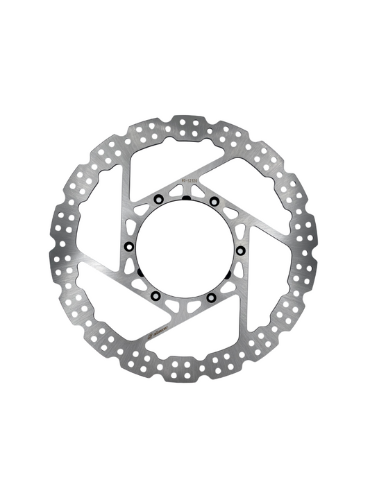 Yamaha 320mm front rotor by Warp9Racing, metallic disc with drilled ventilation holes for motorcycle braking system.