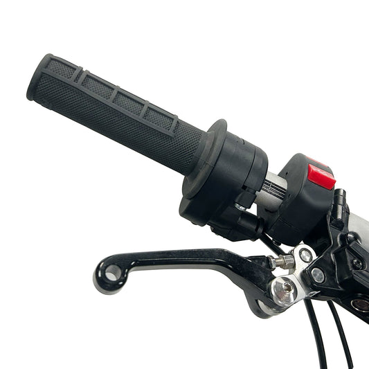 eDirtyBike Rawrr Mantis X 1/4 turn electronic Magura throttle installed on dirt bike for precise control.