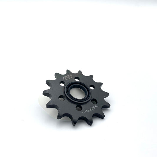 Warp9Racing Ultra Bee Jack Shaft Sprocket, black metal gear with teeth for motorcycle drivetrain, labeled S-UJSPRO-14.