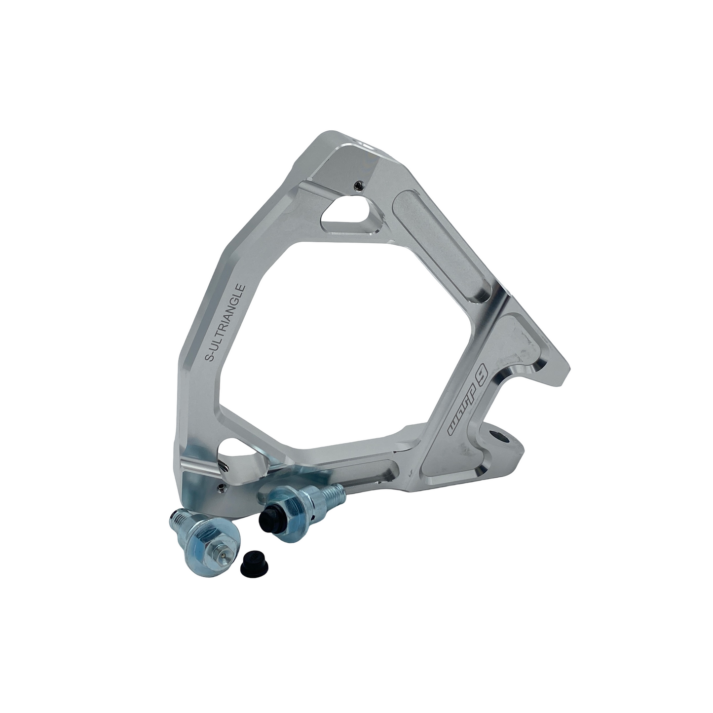 Warp9Racing Surron Ultra Bee Triangles, lightweight aluminum motorcycle parts with a white background and detailed design.