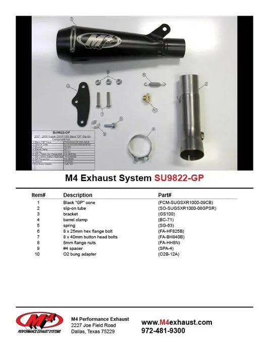 Black M4 GP slip-on exhaust for 2007-2008 Suzuki GSXR1000, showcasing the sleek design and branding of Bill's Exhausts.