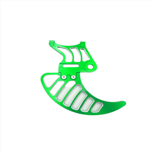 Green aluminum rear brake disk guard for Surron LBX by eDirtyBike, designed to protect the brake rotor from debris.