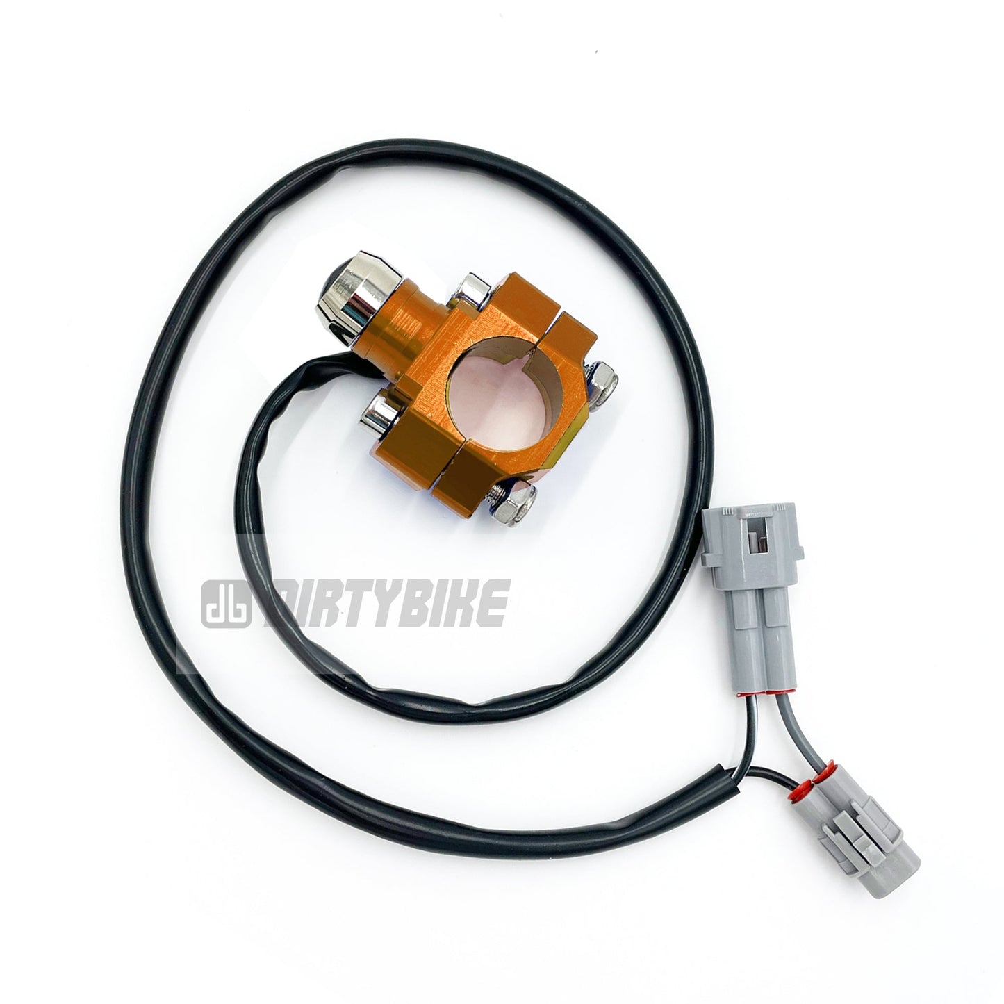 Orange eDirtyBike headlight switch for Surron LBX and Talaria Sting MX3 electric bikes, mounted on handlebar with wiring.