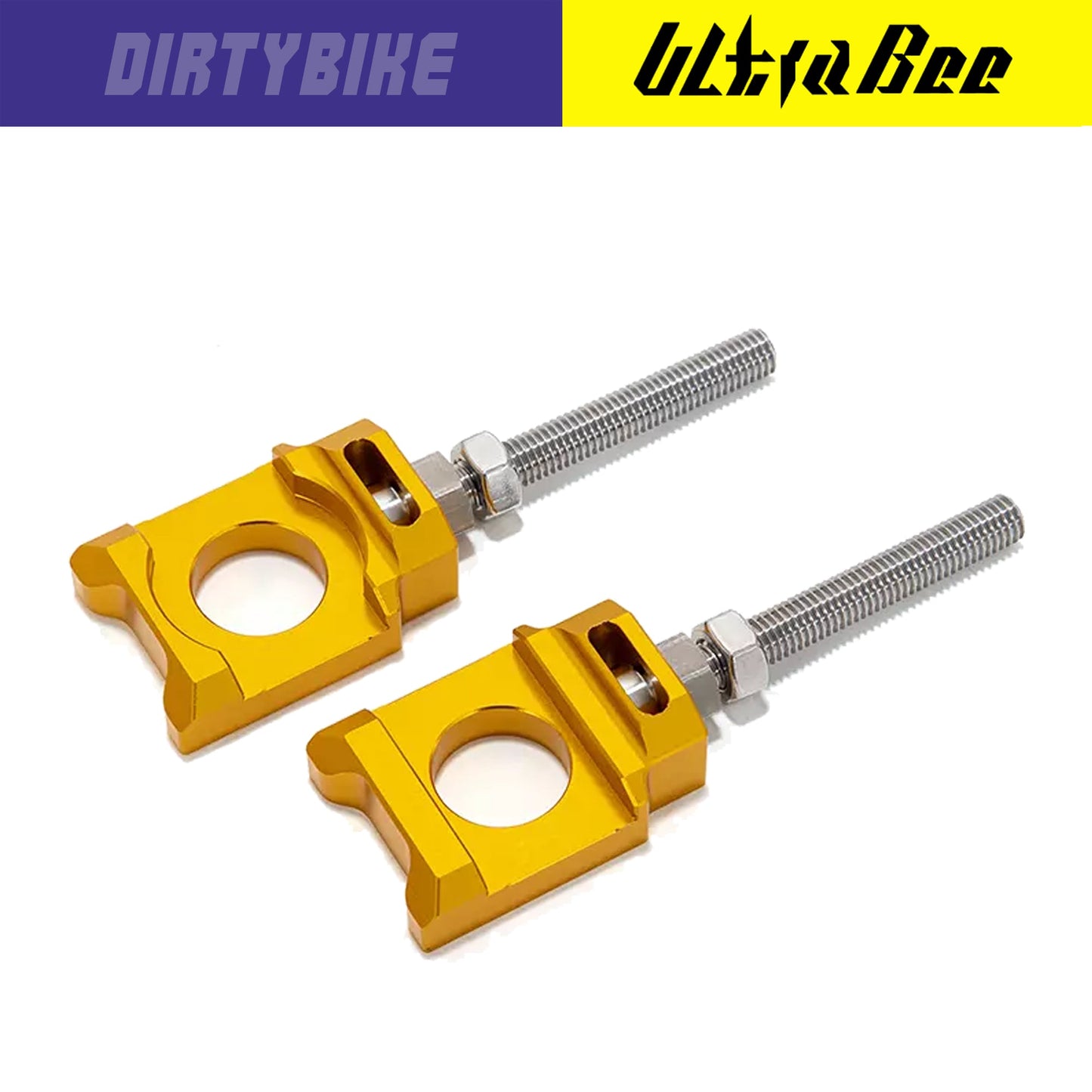 Gold aluminum axle blocks for Surron Ultra Bee electric bike, designed by eDirtyBike, shown mounted on the wheel.