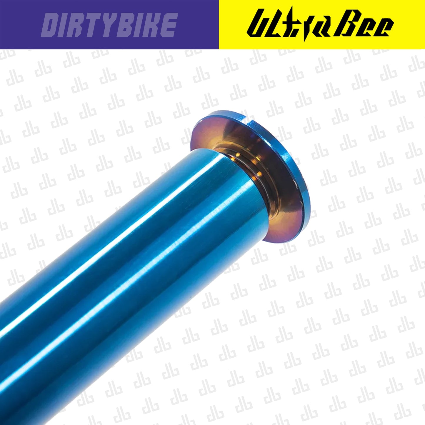Titanium front axle for Surron Ultra Bee electric bike by eDirtyBike, shown installed on the front wheel.