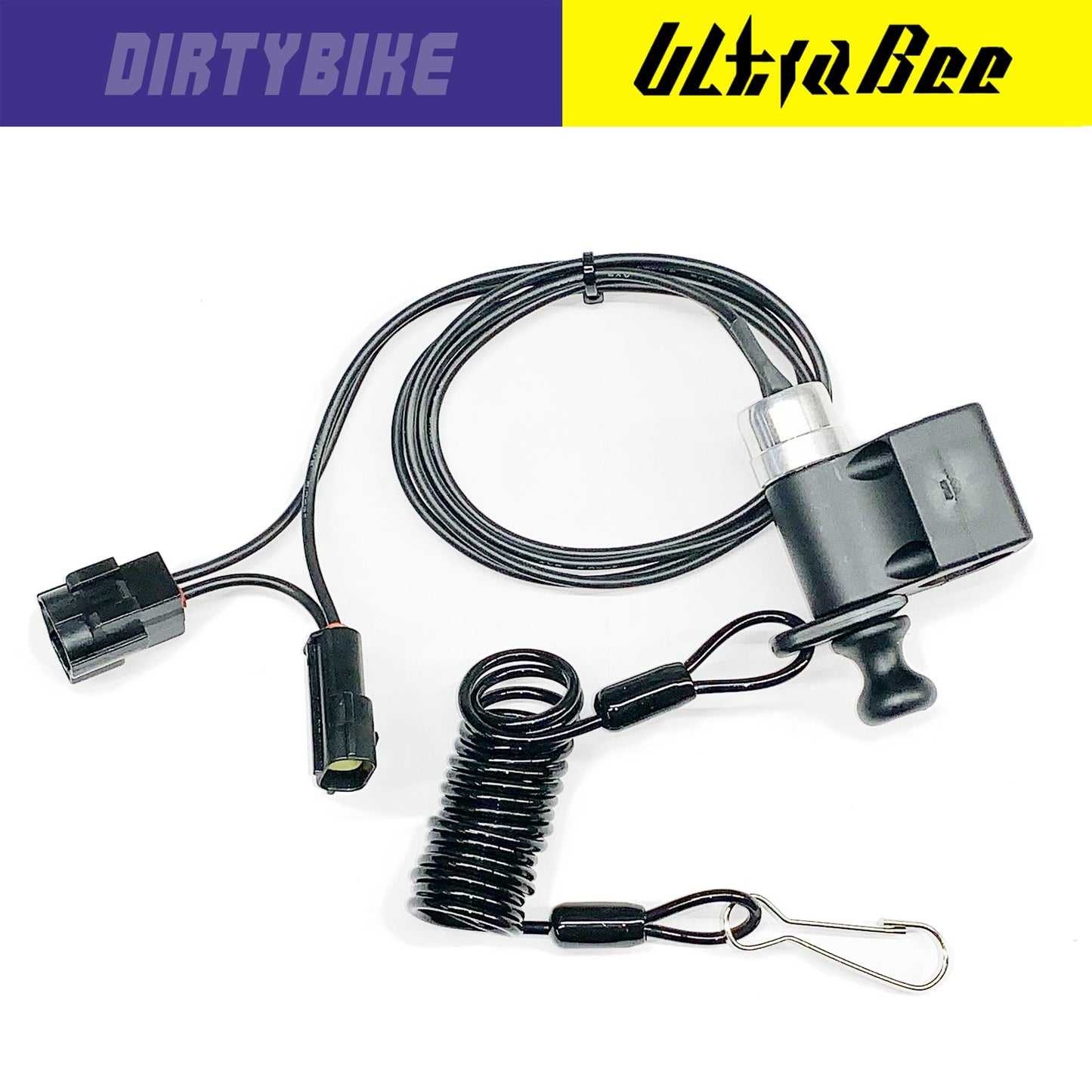 eDirtyBike safety tether kill switch attached to Surron Ultra Bee electric bike for rider safety and control.