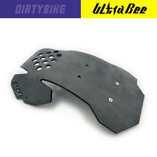 eDirtyBike skid plate for Surron Ultra Bee electric bike, matte finish protection component mounted on the bike frame.