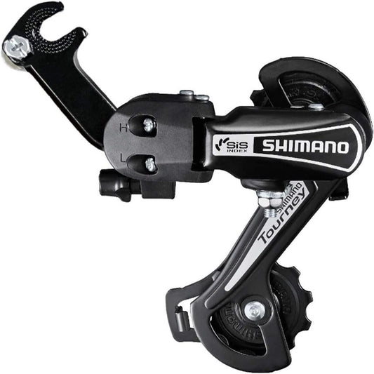 Shimano RD-TY21B bike rear derailleur for 6/7 speed bicycles, mounted on a hanger, with a black finish and compact design