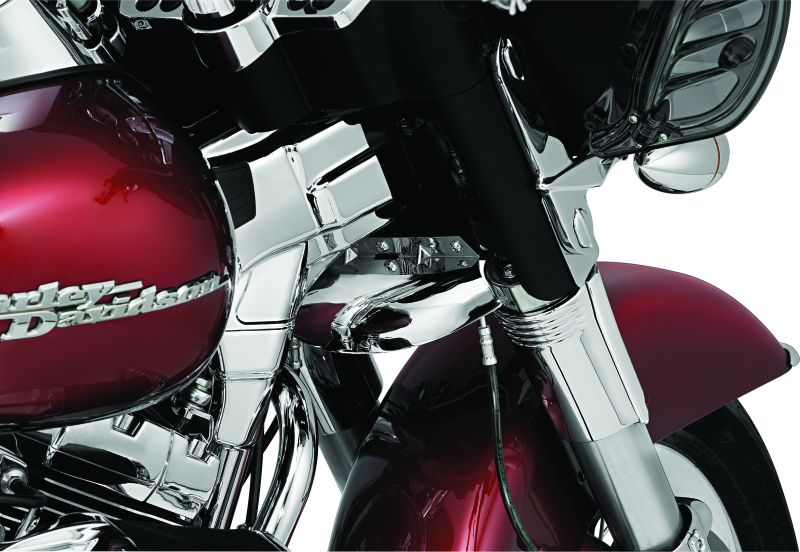 Kuryakyn Deluxe Neck Covers for 95-07 Touring Models in shiny chrome, designed for motorcycle aesthetic enhancement