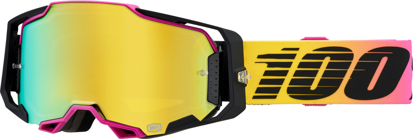 Bill's Exhausts 100% Armega Goggles with gold mirror lenses, sporty design for active outdoor or motocross use.