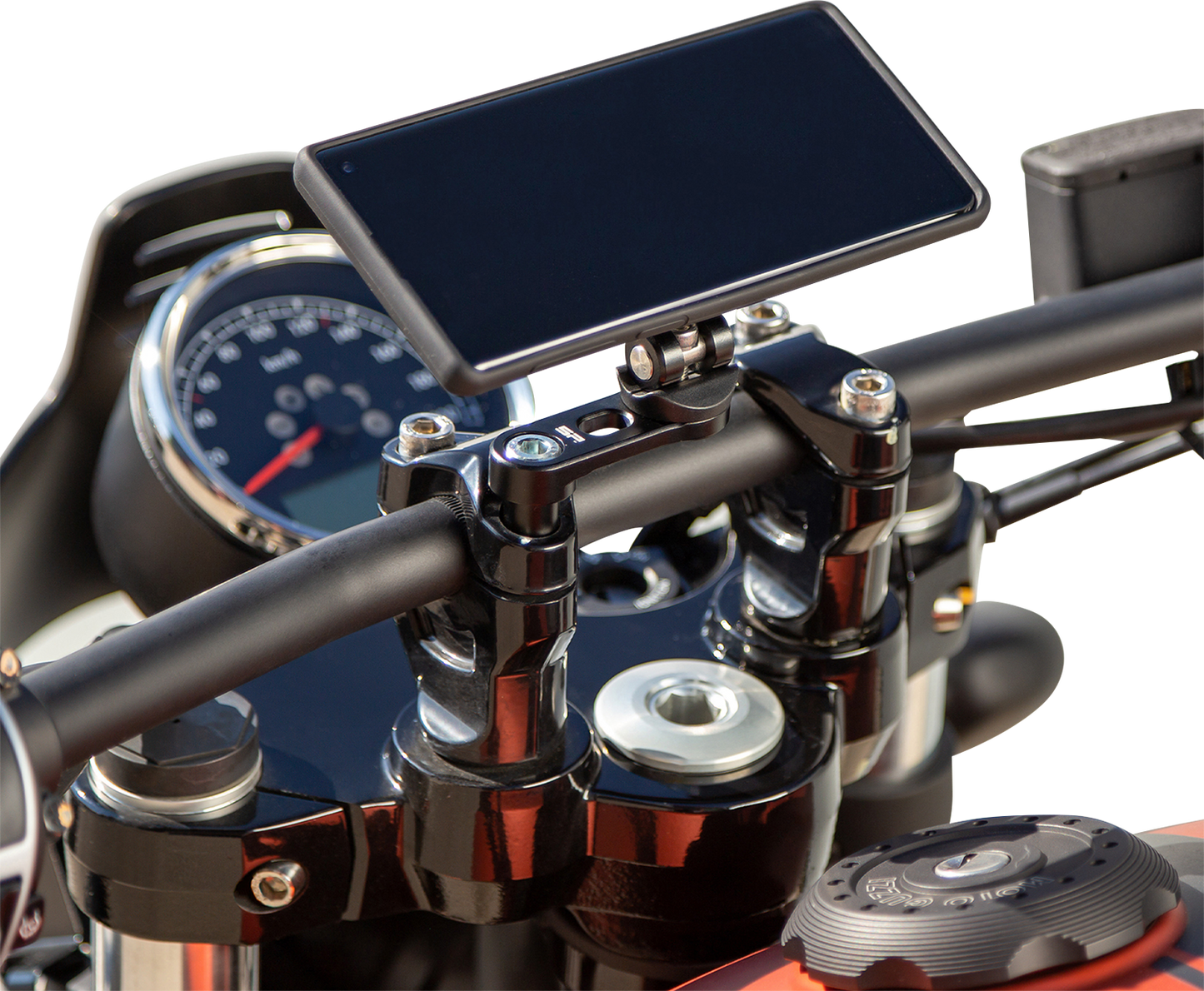 Black SP CONNECT Pro Phone Mount handlebar clamp attached to a motorcycle handlebar, securely holding a smartphone in place.