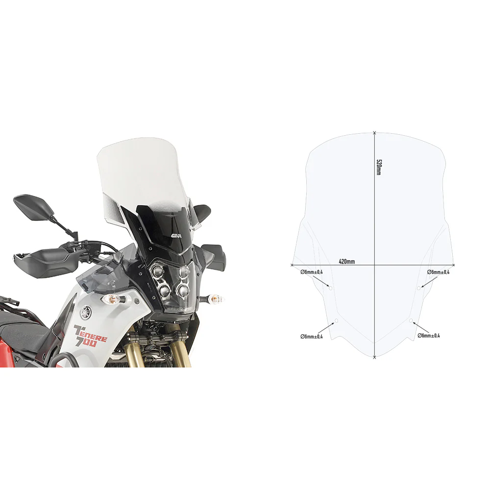 GIVI D2145ST clear windshield for Yamaha motorcycles, showing a sleek transparent windscreen mounted on a motorcycle.
