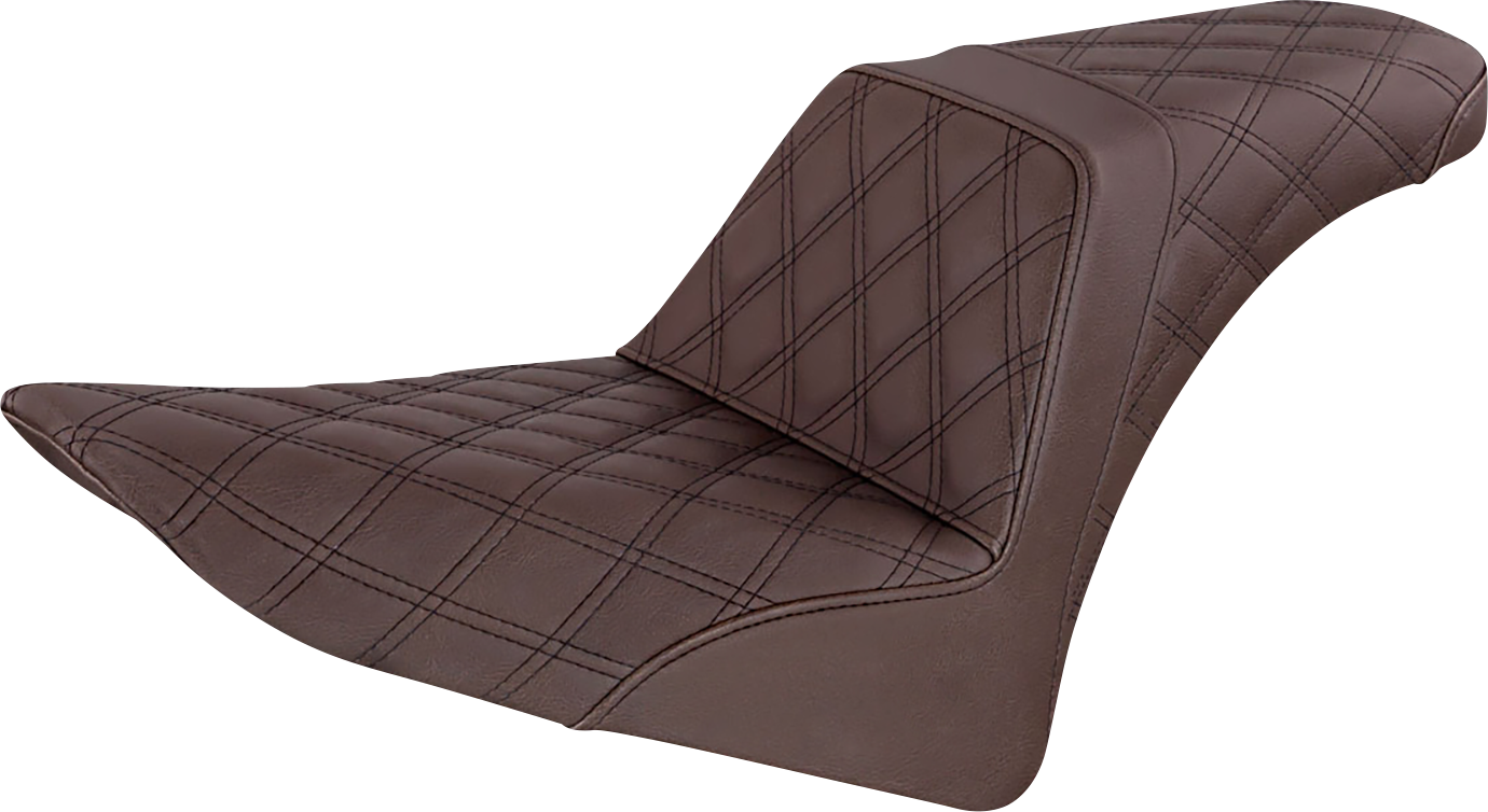 Brown SADDLEMEN Step-Up Seat with full lattice stitch, designed for motorcycles, showcasing detailed stitching and ergonomic shape.