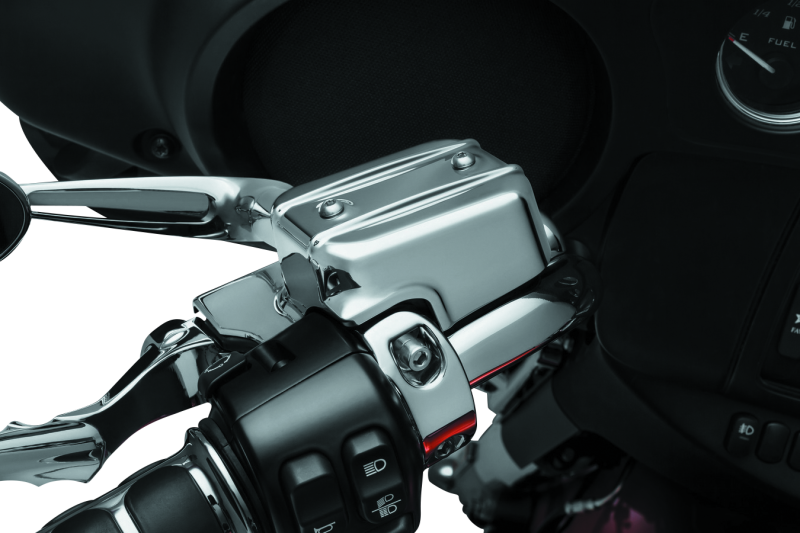 Chrome Kuryakyn Brake and Clutch Control Covers for Harley Davidson Touring motorcycles, featuring sleek metal finish.
