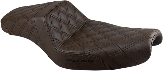 Brown SADDLEMEN Step-Up Seat with full lattice stitch, XL size, designed for motorcycles, showcasing detailed stitching and ergonomic design.