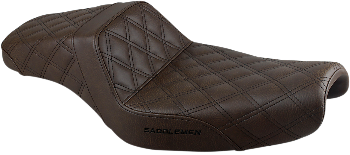 Brown SADDLEMEN Step-Up Seat with full lattice stitch, XL size, designed for motorcycles, showcasing detailed stitching and ergonomic design.