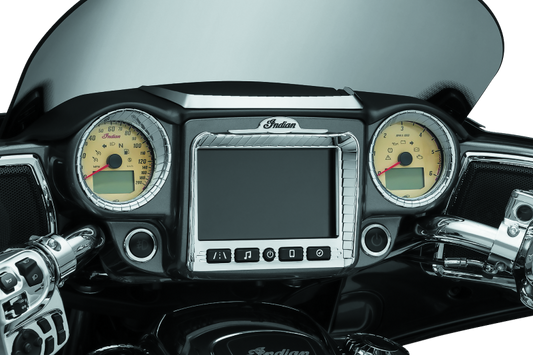 Kuryakyn Stereo Accent Chrome for Indian Chieftain 2017-2018 motorcycle, shiny chrome finish, visible mounting hardware and design details.