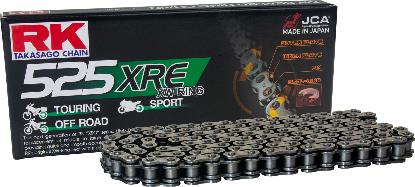 RK EXCEL 525XRE-120 motorcycle drive chain for street and off-road bikes, featuring durable construction and precision links.