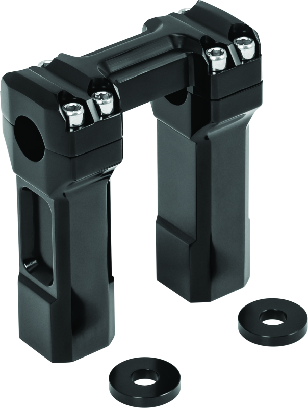Kuryakyn 5-inch black billet handlebar risers mounted on a motorcycle handlebar, showcasing sleek metal design.