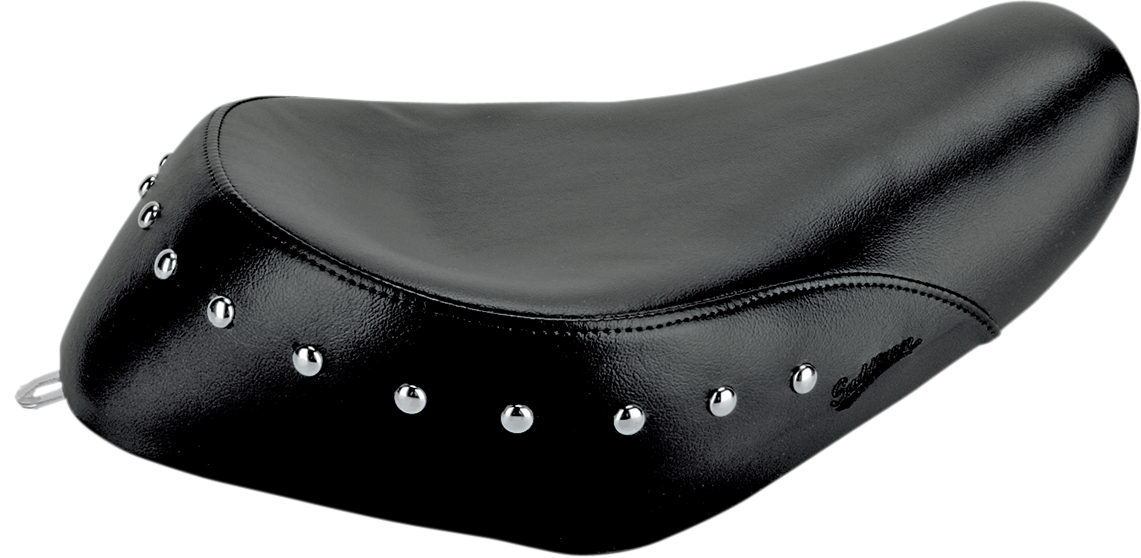 Bill's Exhausts SADDLEMEN Solo Studded Seat XL '04+ featuring black leather with silver studs, designed for motorcycle comfort and style.