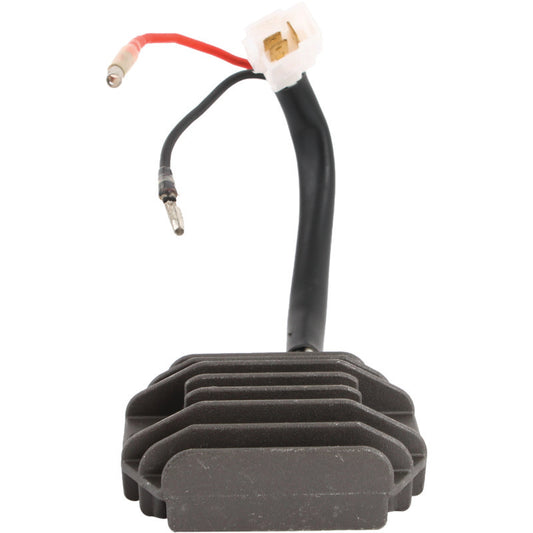 QuadBoss voltage regulator for Yamaha YFM models, showing the black rectangular component with electrical connectors and mounting points.