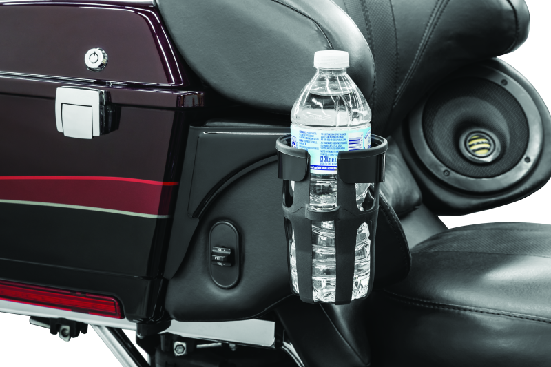 Kuryakyn Reflex drink holder in gloss black attached to the right side of a Harley Touring motorcycle.