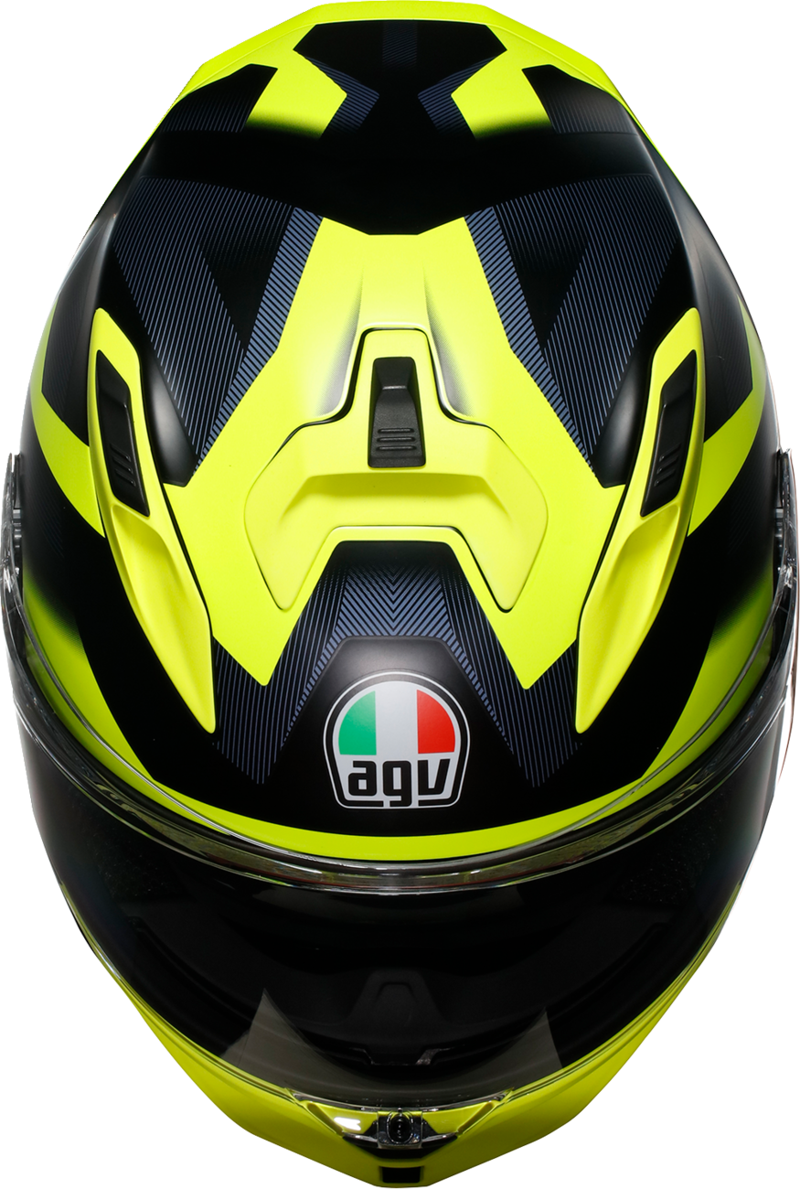 AGV K7 helmet in matte black and yellow fluo with vent details, small size, showcasing sleek design and branding.