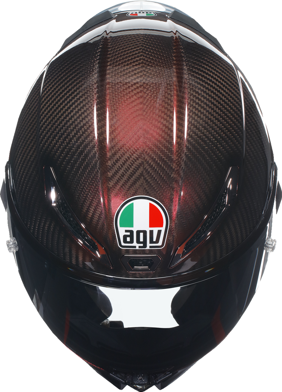 AGV Pista GP RR helmet in red carbon finish, large size, showcasing aerodynamic design and detailed ventilation features.