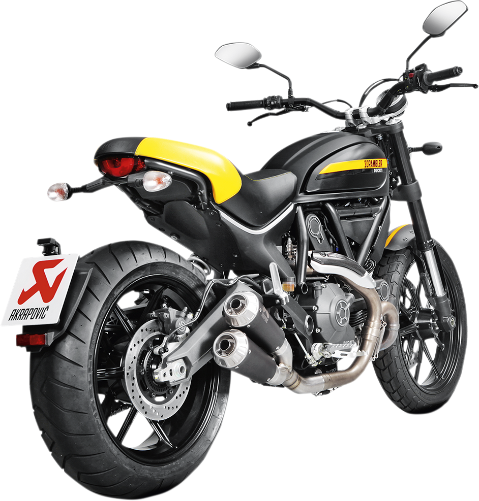 AKRAPOVIC titanium muffler for Ducati Scrambler motorcycle, shown with polished titanium finish and mounting details.