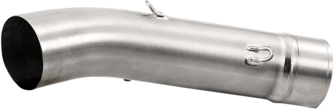 AKRAPOVIC EVO Track Day Link Pipe in titanium for enhanced motorcycle performance, shown with sleek metallic finish and detailed branding.