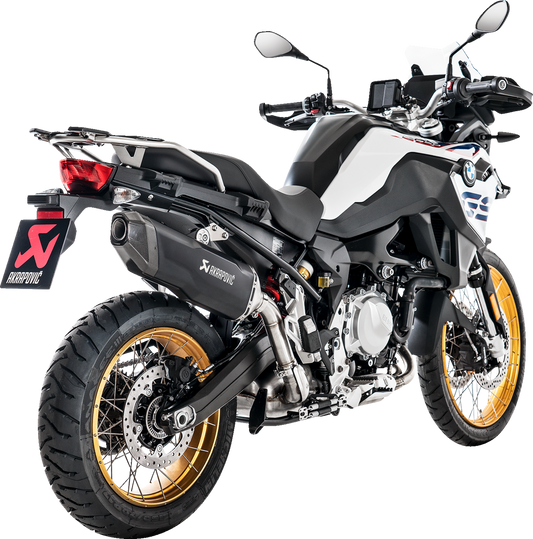 AKRAPOVIC slip-on line muffler for BMW F850GS in titanium black, showing the sleek motorcycle exhaust component.