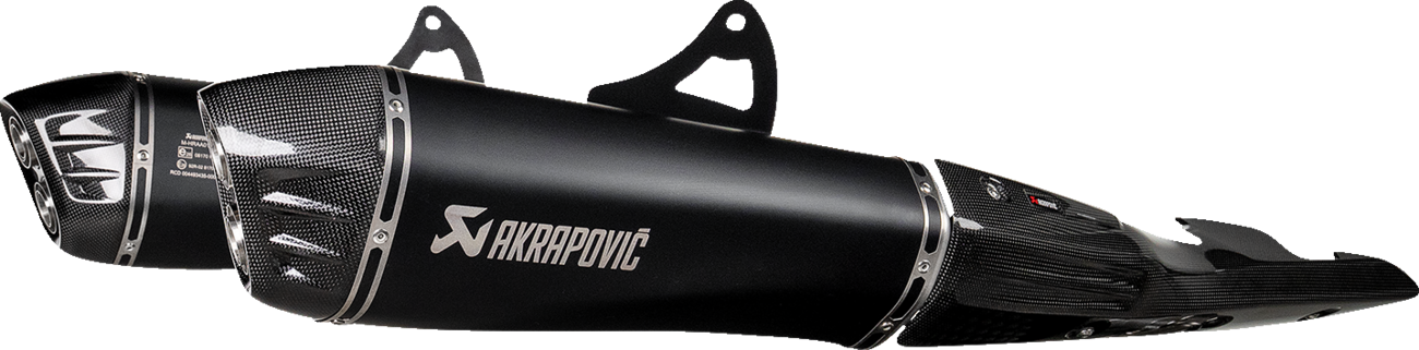 AKRAPOVIC Slip-On Line Mufflers in titanium black for Suzuki GSX-1300R Hayabusa motorcycle, showcasing sleek exhaust design.