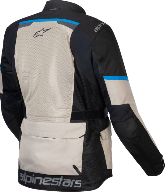 Alpinestars Andes Air Drystar jacket in black, laurel gray, and bright blue, size small, shown on a mannequin.