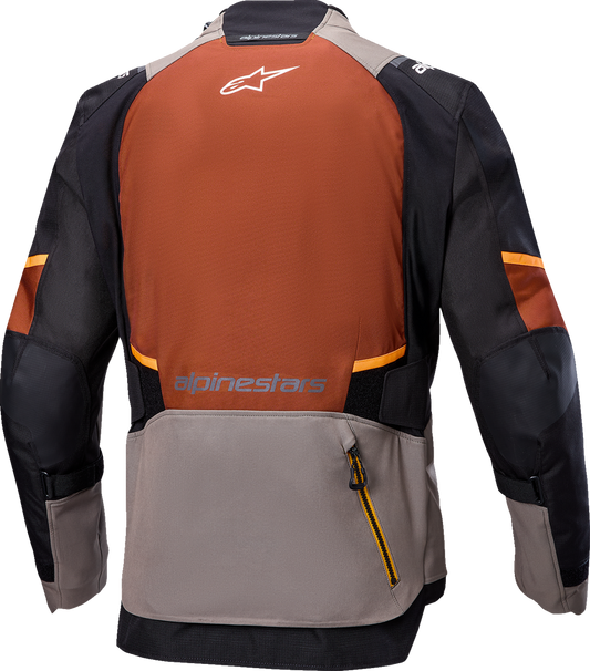 Alpinestars Andes v4 Drystar® motorcycle jacket in 2XL Walnut, Mastic, and Black showcasing waterproof riding gear with reflective accents.