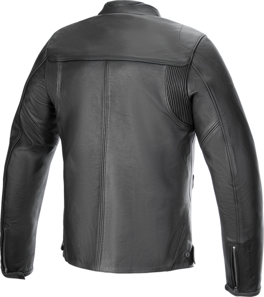 Alpinestars Blacktrack leather jacket in black, small size, featuring sleek design and branded details on the front.